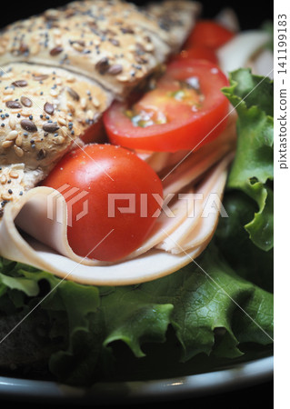 Fresh sandwich with turkey, lettuce, and tomato on a plate Fresh sandwich with turkey, lettuce, and tomato on a plate 141199183