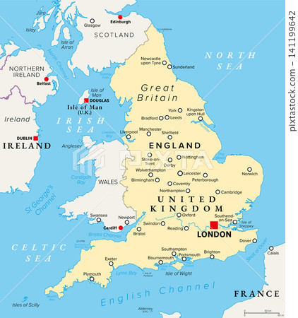 England, United Kingdom, political map with capital London. Country on island of Great Britain bordering Scotland and Wales, surrounded by the English Channel, and Celtic, Irish, and North Sea. Vector 141199642