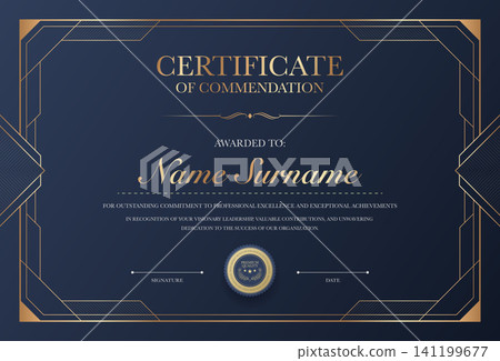Luxury navy blue and gold certificate of commendation template, elegant art deco geometric border frame background, premium quality diploma award blank vector document for corporate or graduation. Luxury navy blue and gold certificate of commendation template, elegant art deco geometric border frame background, premium quality diploma award blank vector document for corporate or graduation. 141199677