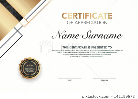 Elegant gold and black certificate of appreciation template. Luxury achievement award diploma with geometric shapes and premium quality badge icon. Vector illustration for business, education. Elegant gold and black certificate of appreciation template. Luxury achievement award diploma with geometric shapes and premium quality badge icon. Vector illustration for business, education. 141199678