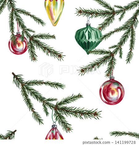 Christmas seamless pattern of fir branches and fir tree decorations. Hand-drawn watercolor illustration. For Christmas packaging, seasonal holiday prints, textiles, wallpaper, tablecloths, and more. 141199728