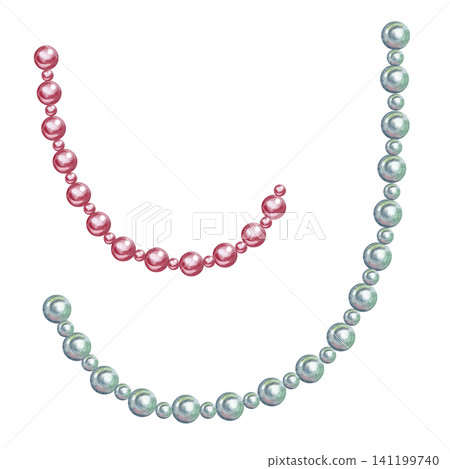 Pink and white pearl beads. Hand-drawn watercolor illustration. Isolate. Women's accessory or Christmas tree decoration. Design elements for postcards, banners, packaging, and more. Pink and white pearl beads. Hand-drawn watercolor illustration. Isolate. Women's accessory or Christmas tree decoration. Design elements for postcards, banners, packaging, and more. 141199740
