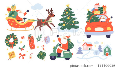 Cartoon christmas elements. Funny santa characters, alternative holiday transport for gift delivery, tree, xmas wreath, snow, seasonal decor, delivery stickers garish vector isolated set Cartoon christmas elements. Funny santa characters, alternative holiday transport for gift delivery, tree, xmas wreath, snow, seasonal decor, delivery stickers garish vector isolated set 141199936