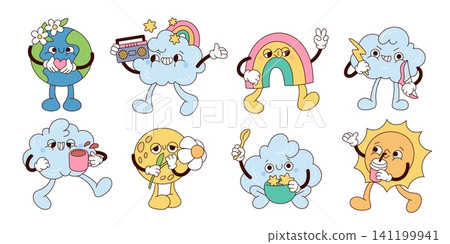 Cute weather mascots. Groovy cloud, sun, moon, rainbow and earth seasonal characters, kids cartoon stickers, positive emotions, decorative nature symbols, garish vector comic isolated set Cute weather mascots. Groovy cloud, sun, moon, rainbow and earth seasonal characters, kids cartoon stickers, positive emotions, decorative nature symbols, garish vector comic isolated set 141199941