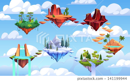 Fantasy floating islands. World with connected biomes, stylized game landscape featuring forest, desert, volcano, oasis, environment assets, level platforms tidy vector cartoon isolated set Fantasy floating islands. World with connected biomes, stylized game landscape featuring forest, desert, volcano, oasis, environment assets, level platforms tidy vector cartoon isolated set 141199944