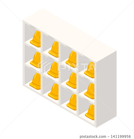 Yellow safety helmets lined up on a white storage shelf with a space for a name tag. Yellow safety helmets lined up on a white storage shelf with a space for a name tag. 141199956