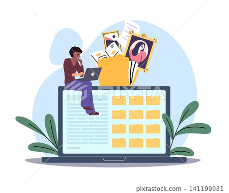 Digital file management and cloud archive. User organizing documents, photos and records in online storage system, sorting and accessing files online catalog, vector cartoon isolated concept 141199981