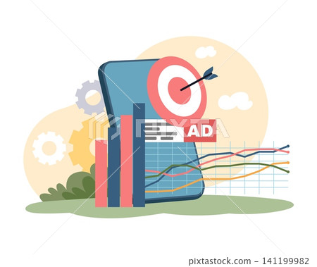 Digital marketing analytics. Targeted advertising, kpi charts, audience targeting, campaign performance, business strategy, optimization and data reporting vector cartoon isolated concept Digital marketing analytics. Targeted advertising, kpi charts, audience targeting, campaign performance, business strategy, optimization and data reporting vector cartoon isolated concept 141199982