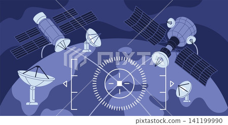 Global satellite communication. Futuristic space technology, radar antennas, orbital network connection around earth in space, navigation systems garish vector cartoon isolated concept Global satellite communication. Futuristic space technology, radar antennas, orbital network connection around earth in space, navigation systems garish vector cartoon isolated concept 141199990