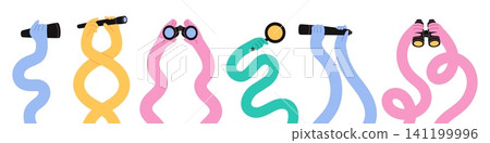 Long colorful hands hold binoculars. Funny search and visual discovery elements, abstract arms with telescope and magnifier in modern trendy, garish vector cartoon isolated minimal set Long colorful hands hold binoculars. Funny search and visual discovery elements, abstract arms with telescope and magnifier in modern trendy, garish vector cartoon isolated minimal set 141199996