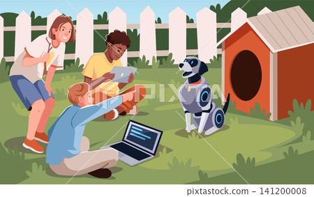 Robotic pets. Children group programming mechanical dog, friendly ai assistant, teenagers teach commands to robo digital animal, domestic technology devices tidy vector cartoon isolated set Robotic pets. Children group programming mechanical dog, friendly ai assistant, teenagers teach commands to robo digital animal, domestic technology devices tidy vector cartoon isolated set 141200008