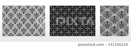 Geometric floral set of seamless patterns. Gray and black vector backgrounds. Damask graphic ornaments Geometric floral set of seamless patterns. Gray and black vector backgrounds. Damask graphic ornaments 141200220