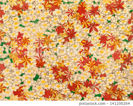 A traditional Japanese chiyogami paper featuring a vibrant array of cherry blossoms and maple leaves. A traditional Japanese chiyogami paper featuring a vibrant array of cherry blossoms and maple leaves. 141200264