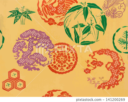 日本千代紙,黃色底,飾有鬆樹、竹子和梅花等圓形圖案。 日本千代紙,黃色底,飾有鬆樹、竹子和梅花等圓形圖案。 141200269