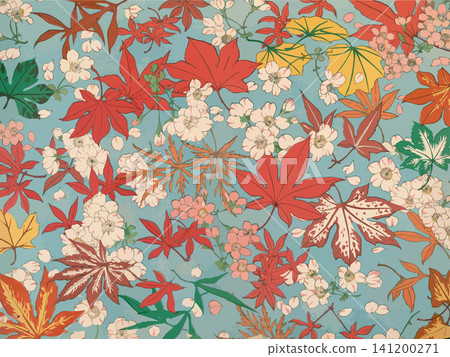 Light blue background with a traditional Japanese pattern of cherry blossoms and autumn leaves on chiyogami paper. Light blue background with a traditional Japanese pattern of cherry blossoms and autumn leaves on chiyogami paper. 141200271