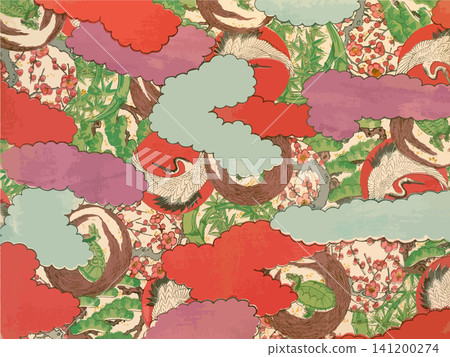 Japanese patterned chiyogami paper featuring auspicious motifs of pine, bamboo, plum blossoms, cranes, turtles, and turtles with moss-covered shells. Japanese patterned chiyogami paper featuring auspicious motifs of pine, bamboo, plum blossoms, cranes, turtles, and turtles with moss-covered shells. 141200274