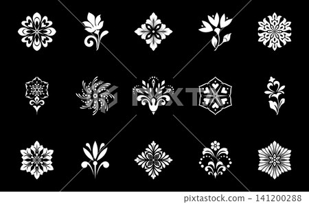 Geometric floral set of seamless patterns. White and black vector backgrounds. Damask graphic ornaments. Geometric floral set of seamless patterns. White and black vector backgrounds. Damask graphic ornaments. 141200288