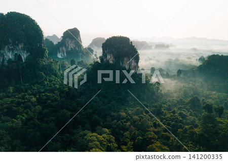 Drone View of Misty Forest Road and Limestone Peaks at Sunrise Drone View of Misty Forest Road and Limestone Peaks at Sunrise 141200335