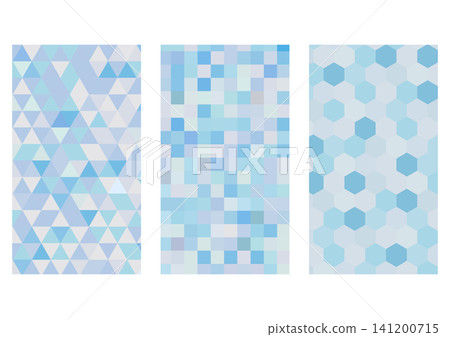 A set of blue geometric patterns combining triangles, squares, and hexagons. A set of blue geometric patterns combining triangles, squares, and hexagons. 141200715