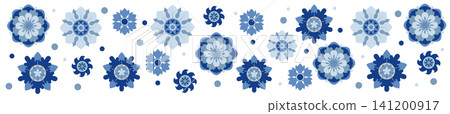 Geometric blue flower horizontal border flat vector graphic with ethnic folk motifs, traditional slavic style isolated banner for corporate branding, commercial packaging and website design Geometric blue flower horizontal border flat vector graphic with ethnic folk motifs, traditional slavic style isolated banner for corporate branding, commercial packaging and website design 141200917