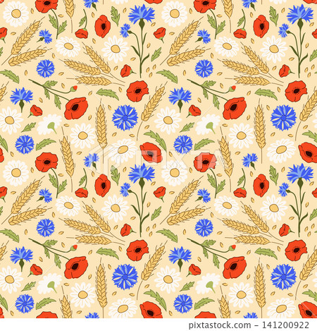 Wildflowers seamless pattern flat vector illustration with red poppies, blue cornflowers, chamomile and wheat ears, cozy summer blossom background for commercial packaging and fabric design Wildflowers seamless pattern flat vector illustration with red poppies, blue cornflowers, chamomile and wheat ears, cozy summer blossom background for commercial packaging and fabric design 141200922