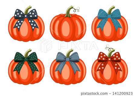 Cozy autumn pumpkin vector illustration set with colorful decorative bows, cute orange holiday squashes isolated collection for Halloween and Thanksgiving graphic design and branding 141200923