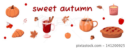 Cozy autumn vector illustration set with text sweet autumn, warm mulled wine, pumpkin mug, apple pie, cinnamon, falling leaves and candle for seasonal holiday design and cozy branding Cozy autumn vector illustration set with text sweet autumn, warm mulled wine, pumpkin mug, apple pie, cinnamon, falling leaves and candle for seasonal holiday design and cozy branding 141200925