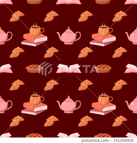 Cute hand drawn fall tea time seamless pattern on dark background, colorful repeat texture with hot drinks, baking pastry and reading books for seasonal textile and packaging design Cute hand drawn fall tea time seamless pattern on dark background, colorful repeat texture with hot drinks, baking pastry and reading books for seasonal textile and packaging design 141200926