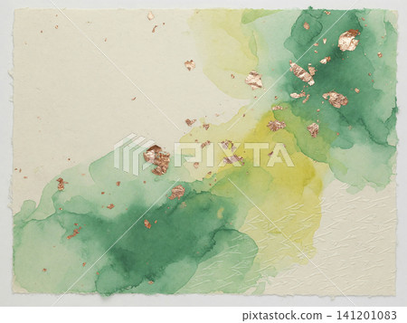 A Japanese paper background with a flowing arrow feather pattern in emerald green and copper-colored watercolors in the lower right corner. A Japanese paper background with a flowing arrow feather pattern in emerald green and copper-colored watercolors in the lower right corner. 141201083