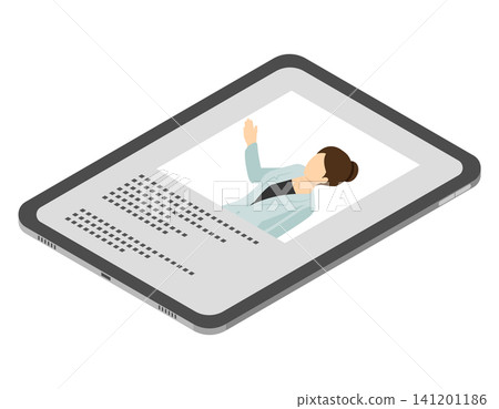 平板電腦螢幕上顯示著一位身穿西裝的女士正在講解指令。 平板電腦螢幕上顯示著一位身穿西裝的女士正在講解指令。 141201186