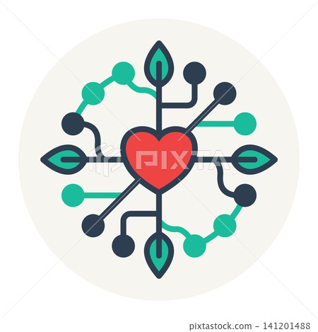 Heart symbol with eco leaves and data network lines, representing sustainable technology, green energy, and environmental care. Heart symbol with eco leaves and data network lines, representing sustainable technology, green energy, and environmental care. 141201488