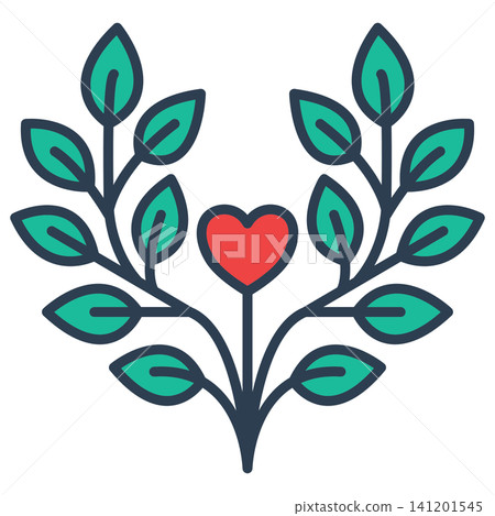 Heart symbol centered within flourishing leafy branches, representing organic growth, sustainable love, wellness, and nature connection. Heart symbol centered within flourishing leafy branches, representing organic growth, sustainable love, wellness, and nature connection. 141201545