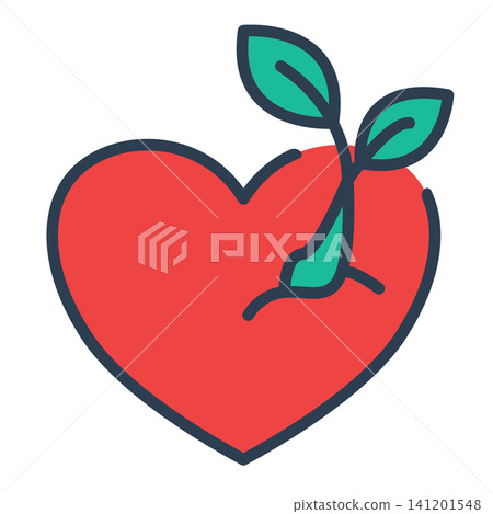 Green plant sprout growing out of a red heart, representing organic growth, new life, love for nature, and sustainability. Green plant sprout growing out of a red heart, representing organic growth, new life, love for nature, and sustainability. 141201548