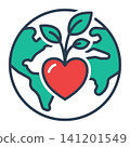 Icon of a world globe with a central heart and growing leaves, representing global sustainability, environmental care, and love. 141201549