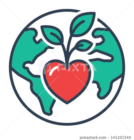 Icon of a world globe with a central heart and growing leaves, representing global sustainability, environmental care, and love. Icon of a world globe with a central heart and growing leaves, representing global sustainability, environmental care, and love. 141201549