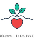 Icon of a heart seed sprouting into a green plant, representing eco-friendly growth, sustainable love, and nature wellness. 141201551