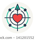 Heart symbol at the center of a target grid with an upward arrow, representing goal achievement, success, and positive growth. 141201552