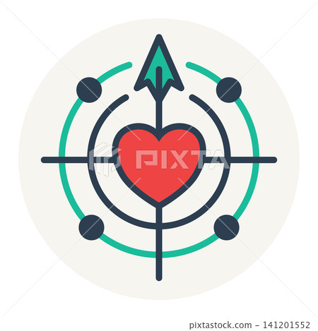 Heart symbol at the center of a target grid with an upward arrow, representing goal achievement, success, and positive growth. 141201552