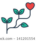 Icon showing a sprout growing from a heart base with flowing lines, representing organic growth, sustainability, and nature wellness. 141201554