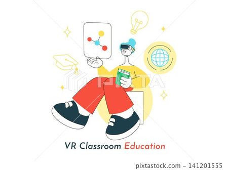 VR Classroom Education Illustration Featuring Students Learning with Virtual Reality Headsets, Digital Lessons, and Online Learning Technology VR Classroom Education Illustration Featuring Students Learning with Virtual Reality Headsets, Digital Lessons, and Online Learning Technology 141201555