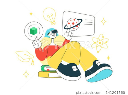 VR Classroom Education Illustration Featuring Students Learning with Virtual Reality Headsets, Digital Lessons, and Online Learning Technology VR Classroom Education Illustration Featuring Students Learning with Virtual Reality Headsets, Digital Lessons, and Online Learning Technology 141201560