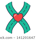 Icon of a heart symbol at a road intersection, representing love for travel, meeting point, connection, and chosen life paths. 141201647