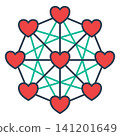 Icon of interconnected hearts forming a network, representing community, social connection, unity, teamwork, and global relationship. 141201649