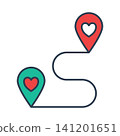 Icon of two location pins with heart symbols connected by a path, representing a love journey, romantic travel, and destination. 141201651