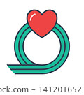 Icon featuring a red heart positioned on a green circular road loop, representing a journey of love, returning to home, or a continuous relationship cycle. 141201652
