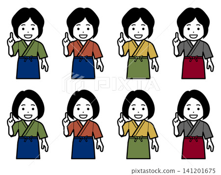 [Different hairstyle] [Different color] Icon of a woman in a samue (traditional Japanese work clothing) and apron striking a number one pose. 141201675