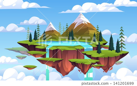 Beautiful floating island. Mountains, forest and waterfall lake, magical sky landscape for game design, adventure world, nature scenery, imaginative world tidy vector cartoon concept Beautiful floating island. Mountains, forest and waterfall lake, magical sky landscape for game design, adventure world, nature scenery, imaginative world tidy vector cartoon concept 141201699