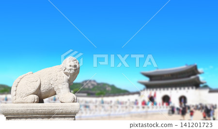 Horizontal banner with statue of mythical creature at Gwanghwamun Gate. View of Gyeongbokgung palace and Inwangsan Mountain, Seoul, South Korea. Topic of summer vacation, travel, cruises and tours Horizontal banner with statue of mythical creature at Gwanghwamun Gate. View of Gyeongbokgung palace and Inwangsan Mountain, Seoul, South Korea. Topic of summer vacation, travel, cruises and tours 141201723
