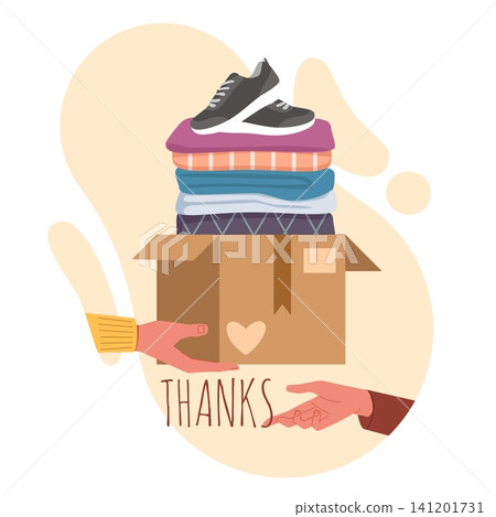 Clothing donation and charity. Giving clothes and shoes to those in need, volunteer support, kindness and community help, folded garments and shoes in box, vector cartoon isolated concept 141201731