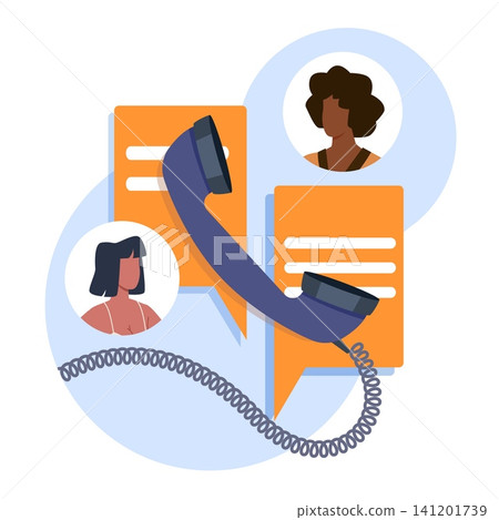 Customer support and phone communication. People connected through telephone conversation, contact center and business client service, handset and message, vector cartoon isolated concept Customer support and phone communication. People connected through telephone conversation, contact center and business client service, handset and message, vector cartoon isolated concept 141201739